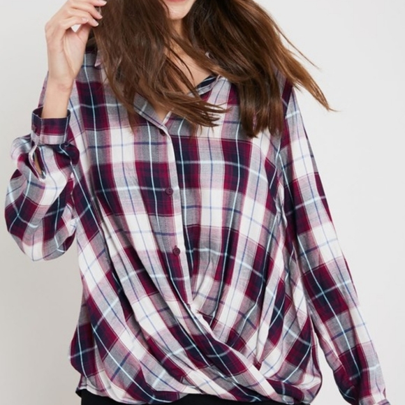 Front Twist Purple Plaid Button Down Hi-Lo Blouse - Picture 5 of 5